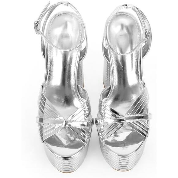 Onlymaker Womens Size 8 Shiny Silver 6" Platform Heels Open Ankle Strap Shoes - Picture 4 of 7